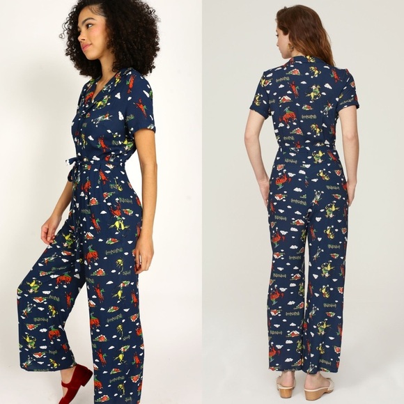 HVN Western Rodeo Print Short Sleeve Button Up Tie Waist Ankle Crop Jumpsuit 12 - Picture 2 of 12